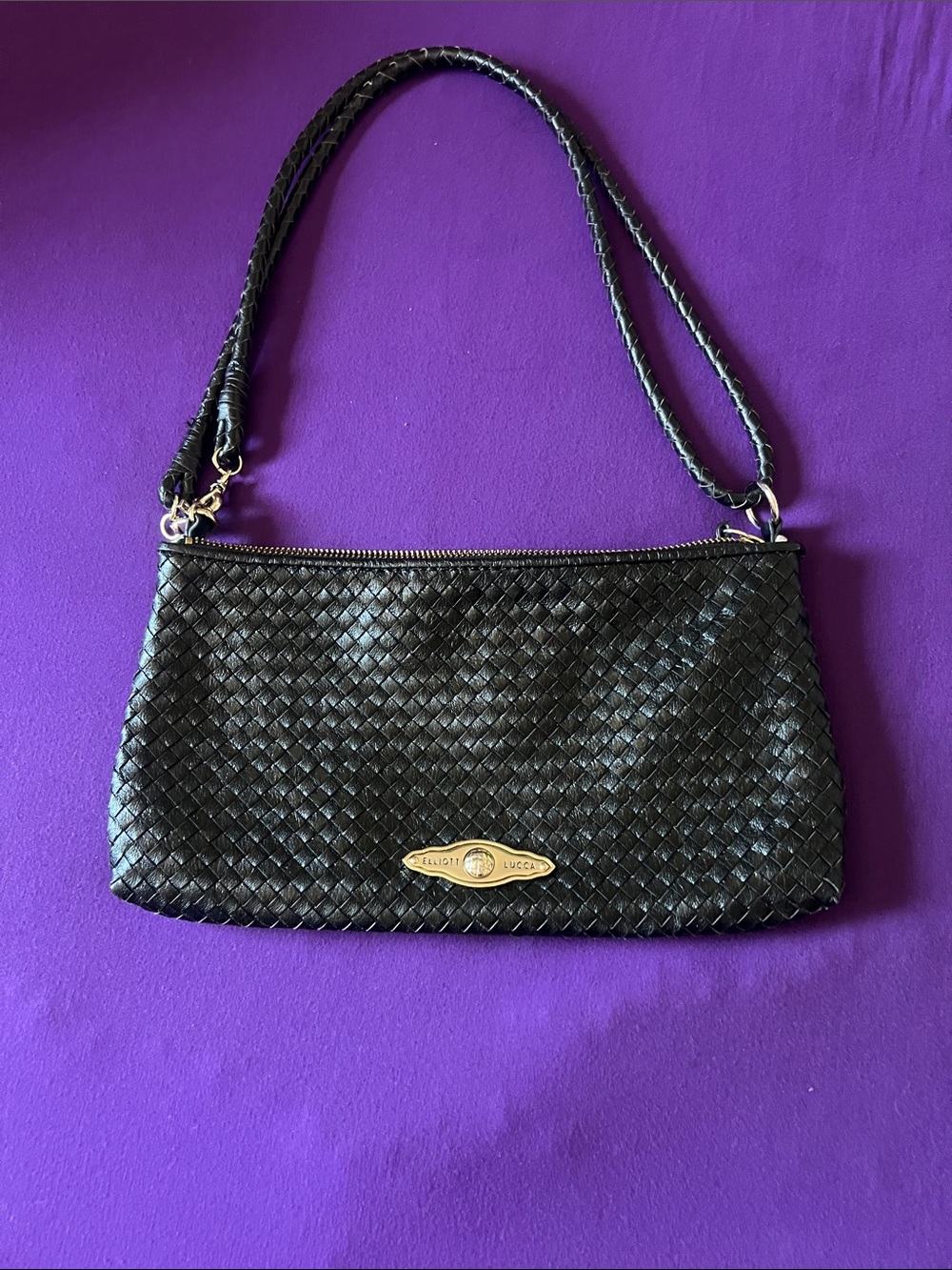 Elliott Lucca Black Woven Shoulder Bag with Gold Plate